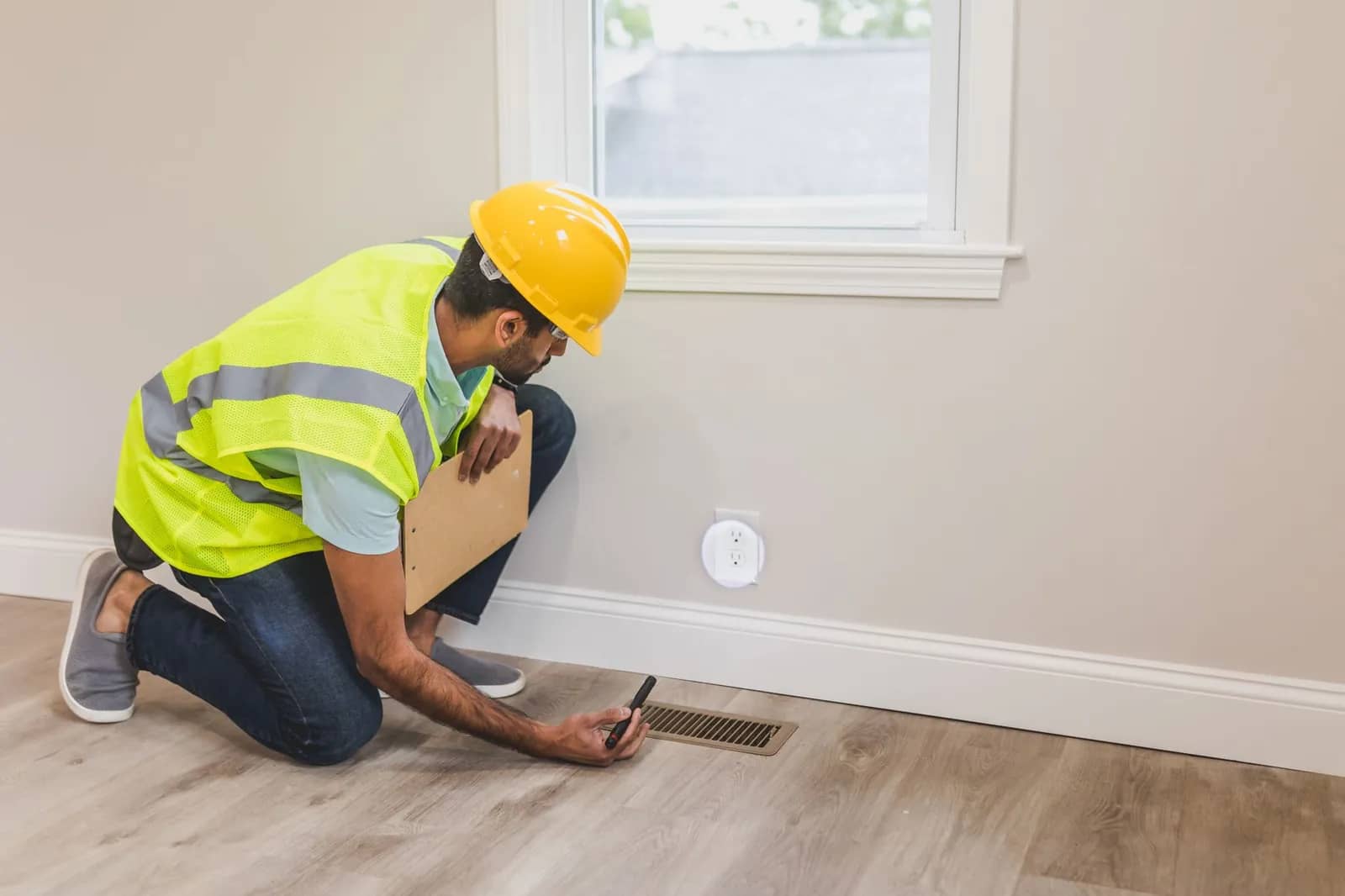 Un técnico con casco, arrodillado para revisar una rejilla de piso